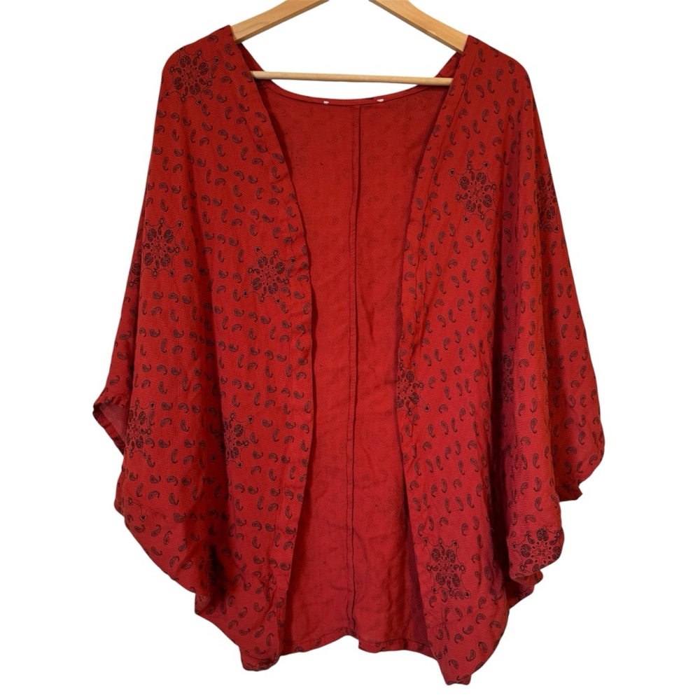 Red Orange Kimono Light Jacket / Cover. Black Paisley Pattern.